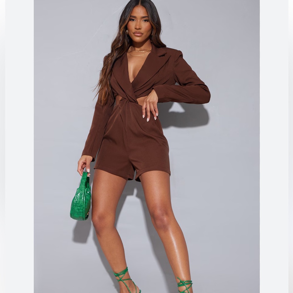Prettylittlething Brown Cut Out Blazer Romper